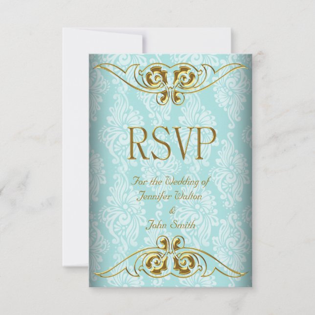 Resposta RSVP Casamento Damasco Azul Turquesa Dour (Frente)