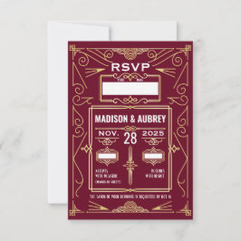 Resposta RSVP de Arte Deco Wedding Dourada Burgund