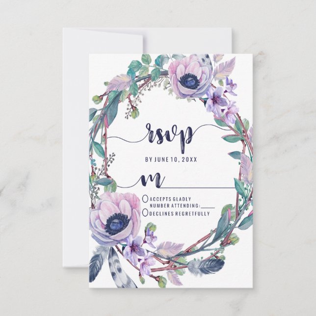 Resposta RSVP de Casamento de Boho Feather & Flora (Frente)