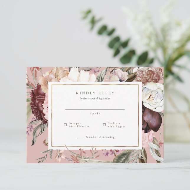 Resposta RSVP de Casamento de Flor Selvagem Dourad (Em pé/Frente)