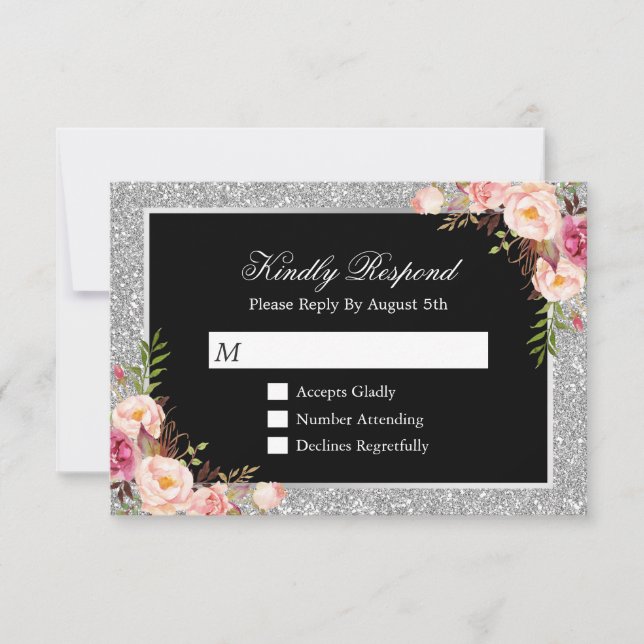 Resposta RSVP de Casamento Floral de Silver Glitte (Frente)