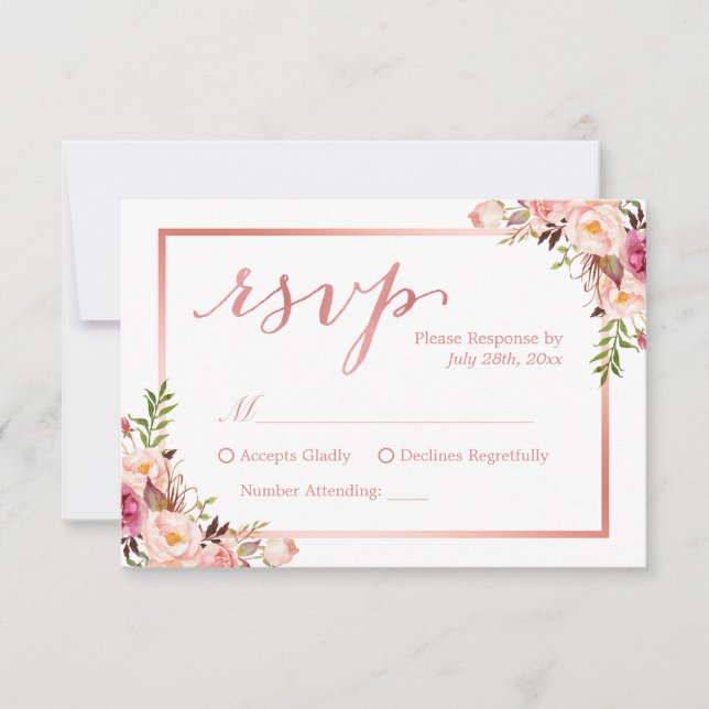 Resposta RSVP de Casamento Floral Dourado Elegante (Frente)