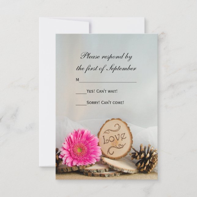 Resposta RSVP de Casamento Rustic Pink Daisy Woodl (Frente)