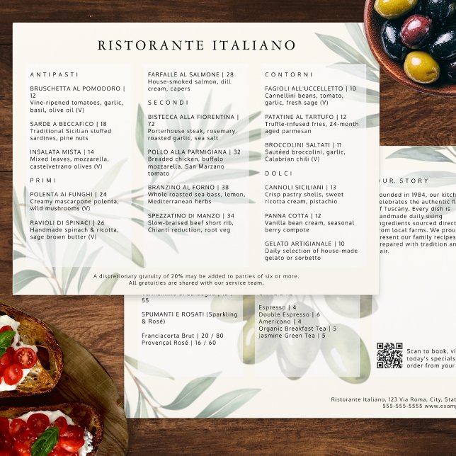 Restaurante Italiano Menu Moderno e Elegante com C (A menu for an Italian restaurant, with olives design and customizable QR code and text)