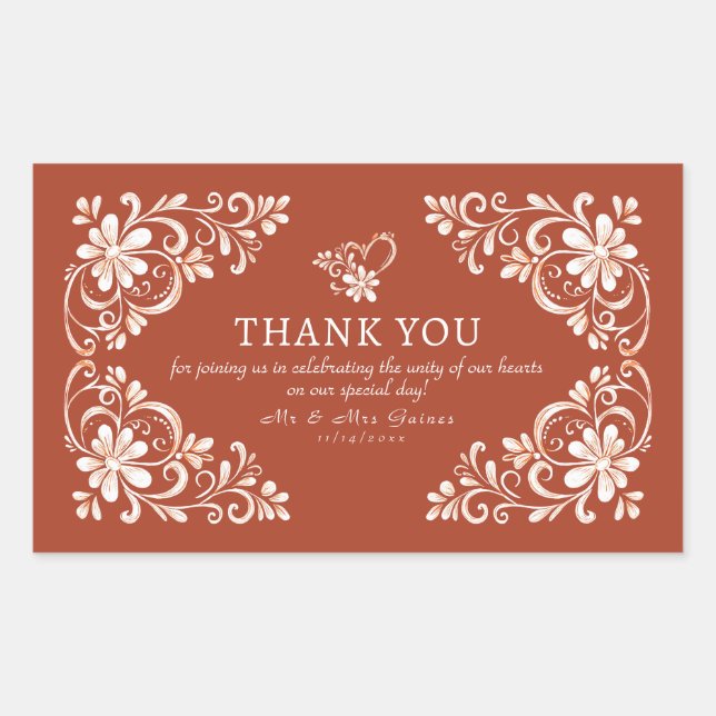 Retangular Adesivo de casamento Sunset Rust Shabby Chic Obrig (Frente)