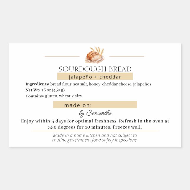 Retangular Adesivo Personalizado para Saco de Pão de Fermenta (Frente)
