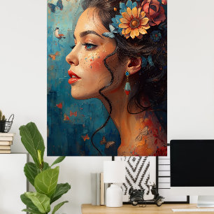 Retrato de Mulher Floral Arte Poster   Borboletas 