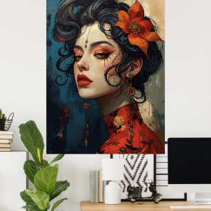 Retrato de Mulher Inspirado no Japão Arte Poster  