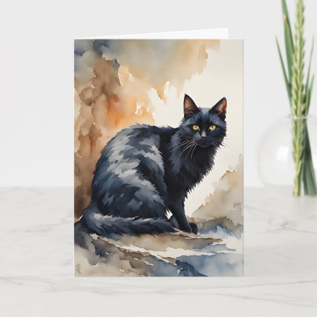 Retrato em Aquarela de Gato Preto Cartão de Boas F (Frente)