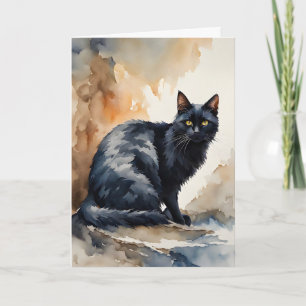 Retrato em Aquarela de Gato Preto Cartão de Boas-V