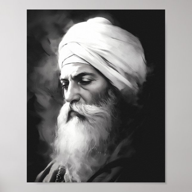 Retrato Guru Nanak - Poster Sikh preto e branco (Frente)