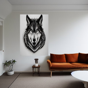 Retrato preto e branco de um lobo AI Art Poster