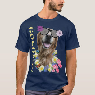 Retriever ouro com T-Shirt com óculos de sol flore