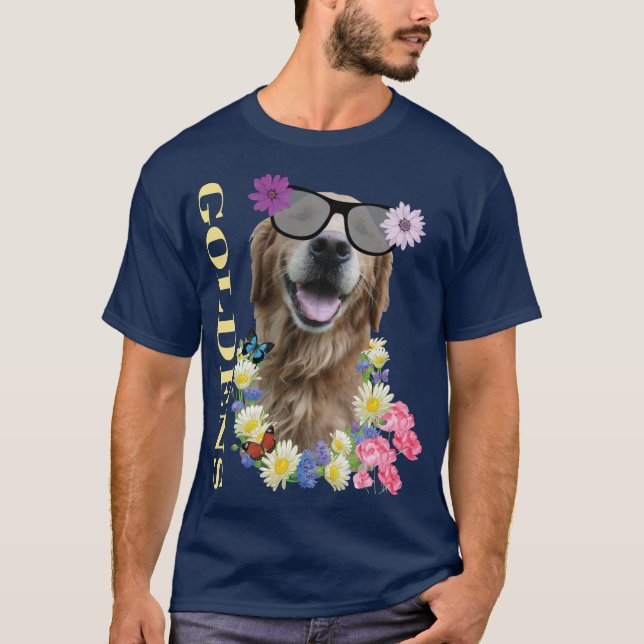 Retriever ouro com T-Shirt com óculos de sol flore (Frente)