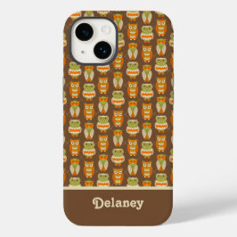 Retro 1970 Laranja, Corujas Verdes em Castanho Pad