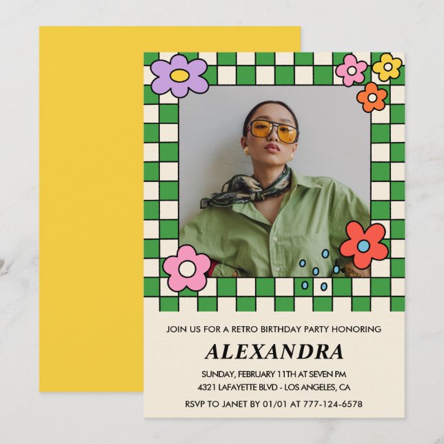 Retro 22º convites para o aniversário Groovy Flowe (Frente/Verso)