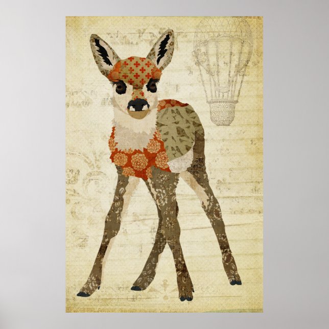 Retro Amber Floral Fawn Art Poster (Frente)
