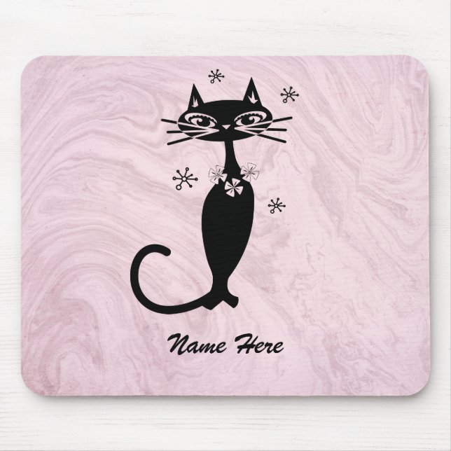 Retro Atômico Gato Preto Rosa Mouse Pad (Frente)