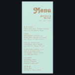 Retro Beach | Menu Janto Aqua Wedding<br><div class="desc">Esta praia retrô | o menu de janto de casamento aqua é perfeito para o seu simples casamento de vintage, colorido, de boho tropical no verão. Sua única fonte boêmica do século do médio dá a essa design uma víbora hippie minimalista clássica. Suponha que você esteja procurando por uma design...</div>