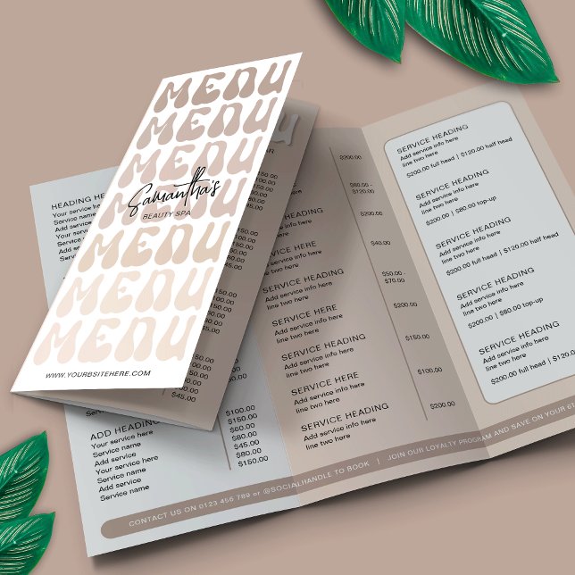 Retro Beige Groovy Lashes Salon Brochura com três  (Retro beige business tri-fold price list with groovy fonts and pastel beige color scheme)