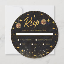 Retro Black Gold Glitter Disco Ball Wedding RSVP