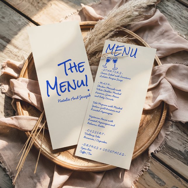 Retro Blue Hand Written Drawn Wine Wedding Menu  (Criador carregado)