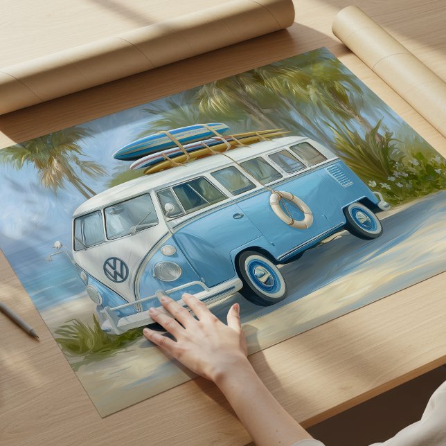 Retro Blue Surf VW Van Coastal Wall Art | Poster (Retro Blue Surf VW Van Coastal Wall Art | Poster by TinkPrints.)