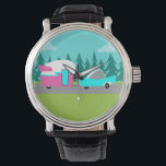 Retro Camper / Reboque e Relógio Automóvel<br><div class="desc">Este Retro Camper / Trailer and Car Watch apresenta um desenho animado moderno e minimalista de meio século que o deixará pronto para levar para a estrada aberta. Uma homenagem aos anos 50, este design apresenta um carro de turquesa vintage com o topo branco, puxando um trailer de viagem kitschy...</div>