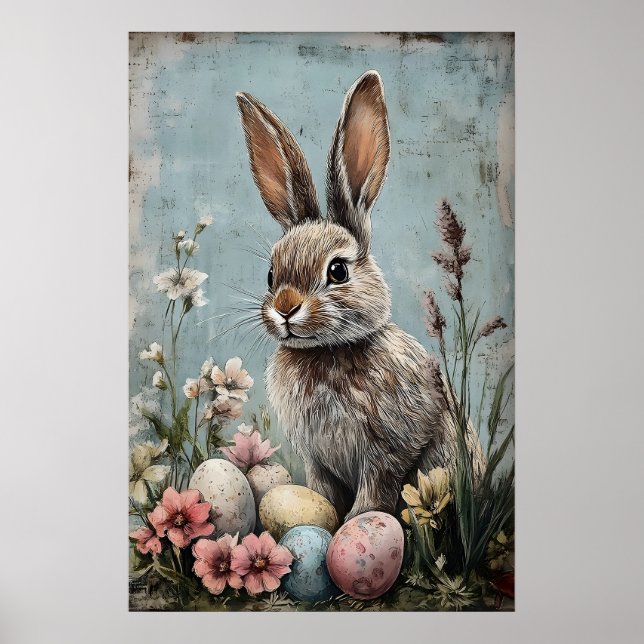 Retro Coelho de Páscoa Bunny Impressão de Flor, Rú (Frente)