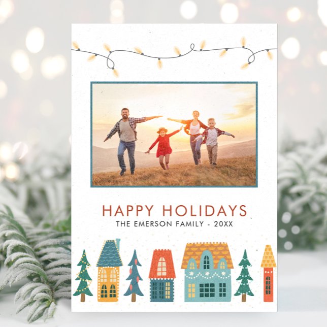 Retro Feliz Cartões com fotos de Natal (Family Photo Cute Holiday Retro Houses Christmas Cards by Painted Paperie)