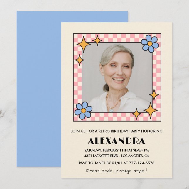 Retro Floral Foto do 86.º aniversário convite Azul (Frente/Verso)