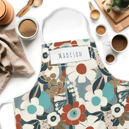 Retro Floral Médio Century Nome Moderno Apron