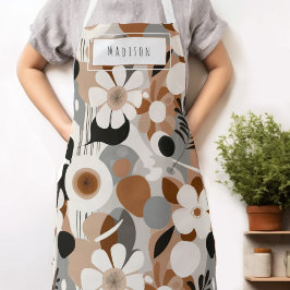 Retro Floral Médio Century Nome Moderno Apron