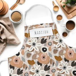 Retro Floral Médio Century Nome Moderno Apron