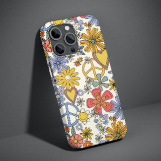 Retro Groovy Hippie Flores Corações