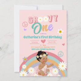 Retro Groovy One Dark Hair First Birthday Convite