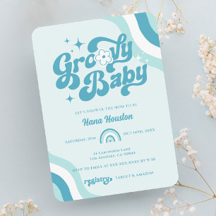 Retro Groovy Wavy Baby Boy Convite para Chá