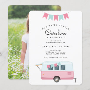 Retro Happy Camper Pink Birthday Convite