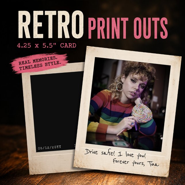 Retro Impressões Instantâneas, Cartão de Foto Pers (Retro Print Outs, Instant Photo Print Card 4.25 x 5.5")