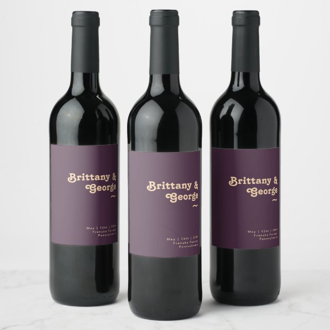 Retro Moderno | Rótulo de Vinho de Casamento Roxo- (Garrafas)
