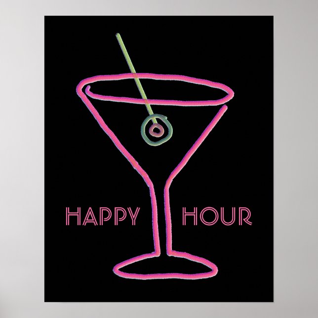 Retro Neon Martini Happy Hour Impressão (Frente)