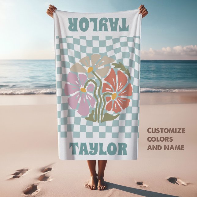 RETRO Personalizado Nome da Toalha de Praia Person (turquoise back towel with custom name and flowers, retro groovy style)