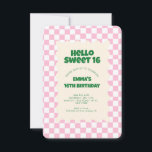 Retro Pink Groovy Checker Sweet 16 Convite<br><div class="desc">Festa de aniversário do Padrão do Verificador de Esfregaço Rosa Retroativo</div>