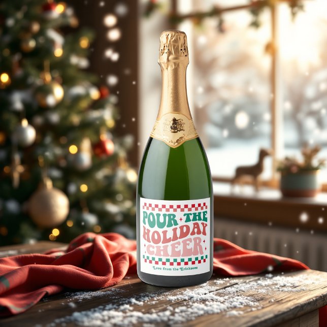 Retro "Pour the Holiday Cheer" Natal (Retro “Pour the Holiday Cheer” Christmas Sparkling Wine Label)
