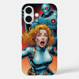 Retro Scifi Woman running from Robot