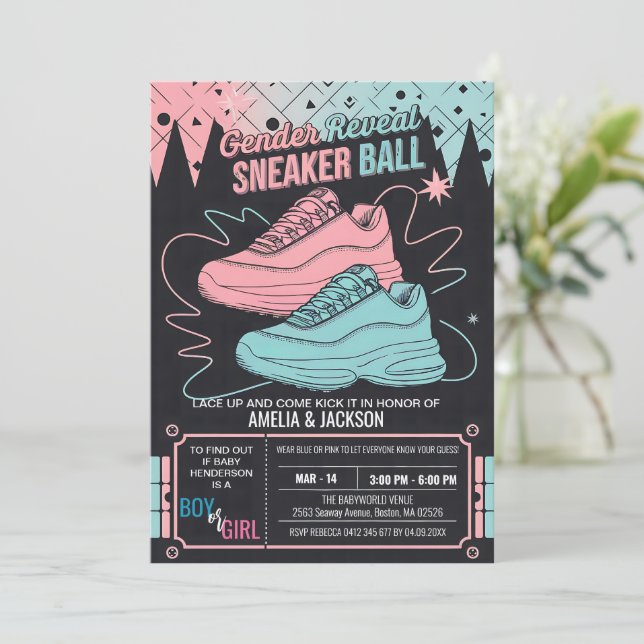 Retro Sneaker Ball Convite 90s Revisão de Gênero (Em pé/Frente)