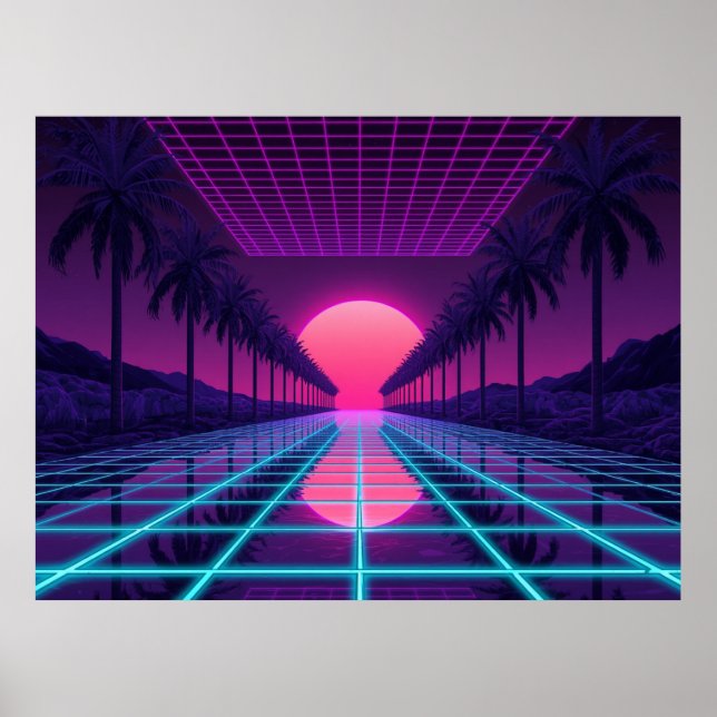 Retro Synthwave Horizon - Neon Grid & Palms Poster (Frente)