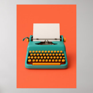 Retro Teal Typewriter on Vibrant Orange Poster