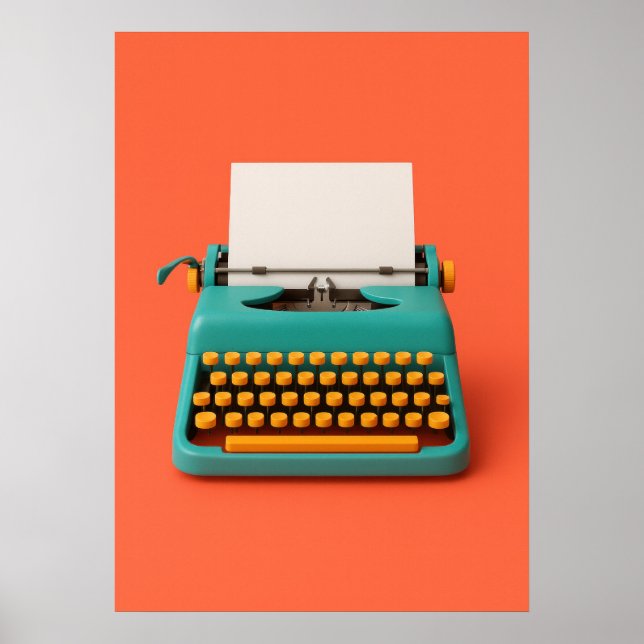 Retro Teal Typewriter on Vibrant Orange Poster (Frente)