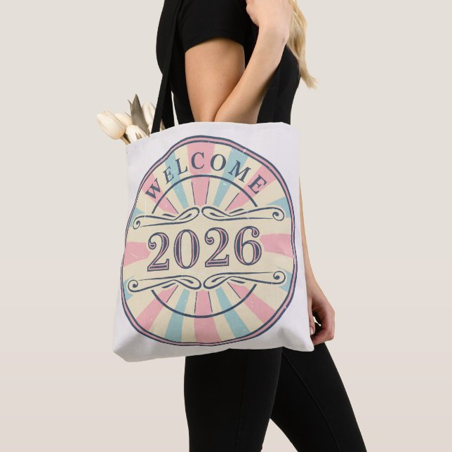 Retro Welcome 2026 New Year Tote Bag (Close Up)